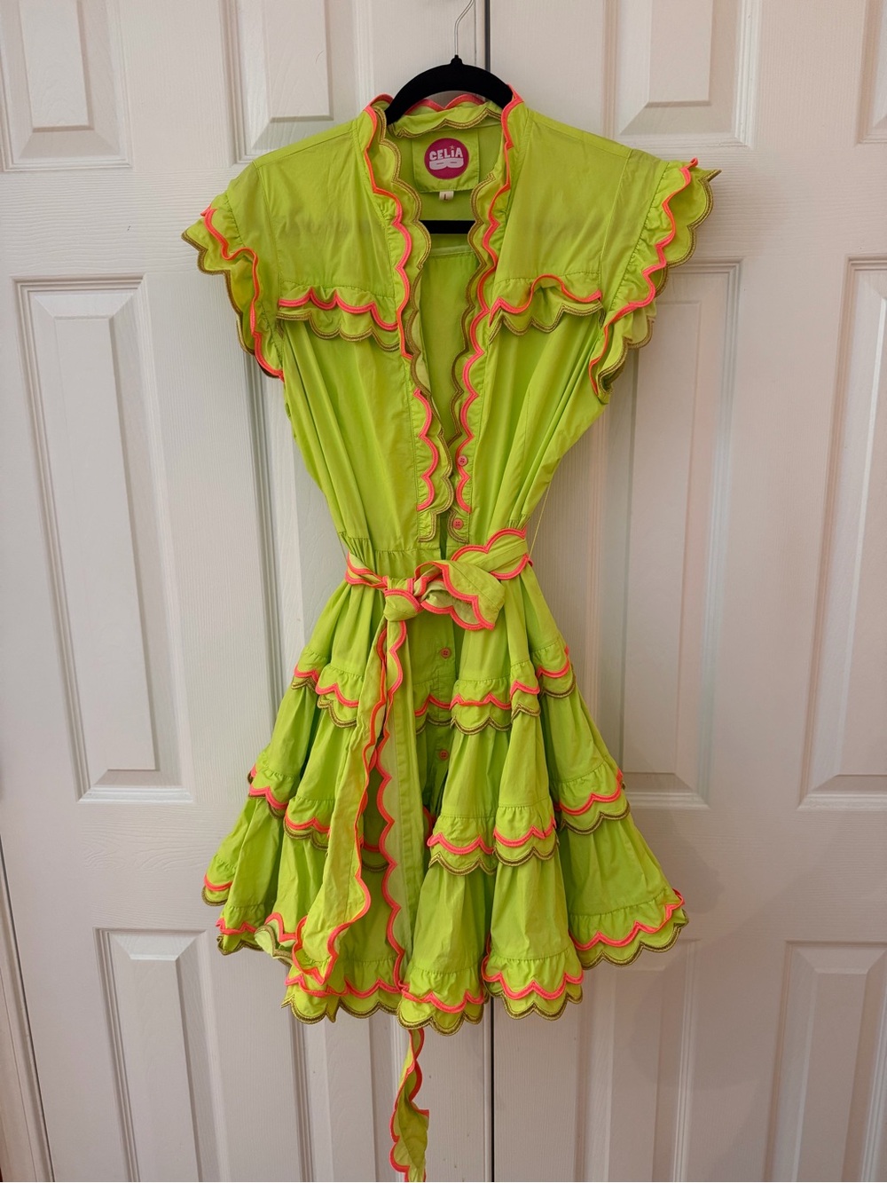 CeliaB Neon Lime Green Dress with Pink Trim